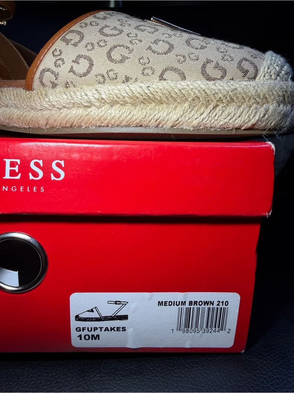 GUESS Tan Logo Espadrille Sandals with Ankle Strap Sz 10M box
